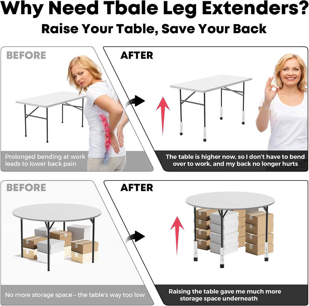 Table Leg Extenders White, Highly Durable Steel Folding Table Leg Risers, Table Leg Extensions Fits Straight & Bent Legs Table Height Extender for Rise Card Table 3.6/5.2 Inch Wobble-Free
