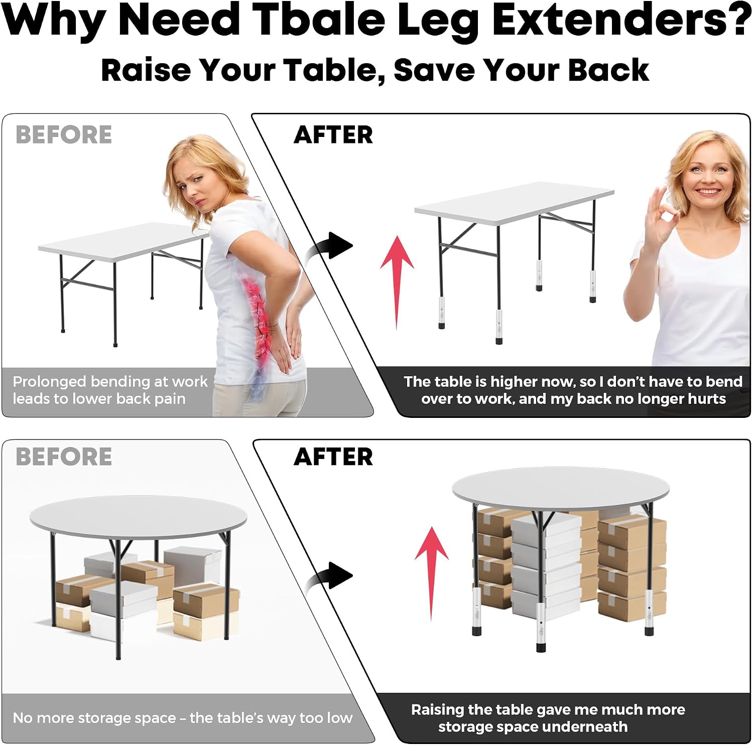 Table Leg Extenders White, Highly Durable Steel Folding Table Leg Risers, Table Leg Extensions Fits Straight & Bent Legs Table Height Extender for Rise Card Table 3.6/5.2 Inch Wobble-Free