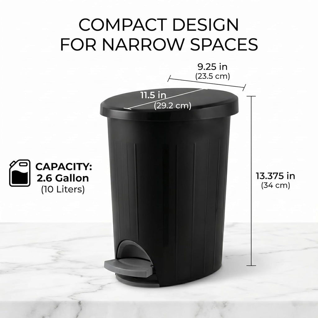 Bathroom Trash Can, 2.6 Gallon Small Garbage Can with Lid & Step Pedal, Slim Wastebasket with Removable Inner Bucket, Modern Trash Bin for Bedroom, Toilet, Office, Living Room
