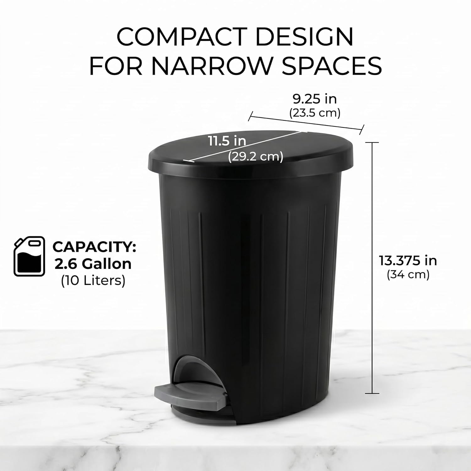 Bathroom Trash Can, 2.6 Gallon Small Garbage Can with Lid & Step Pedal, Slim Wastebasket with Removable Inner Bucket, Modern Trash Bin for Bedroom, Toilet, Office, Living Room