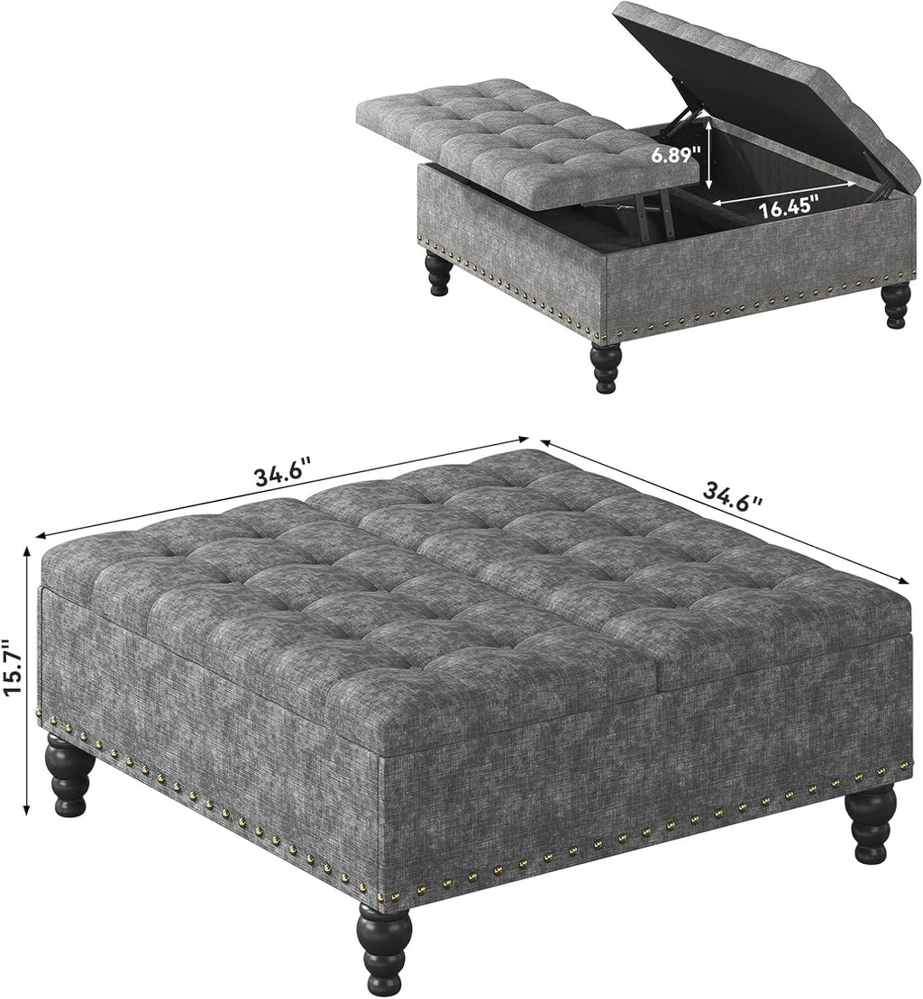 35" Extra Large Storage Ottoman Coffee Table, Tufted Upholstered Coffee Table with Lift Top & Solid Wood Legs,Oversized Storage Ottoman for Living Room, Gray