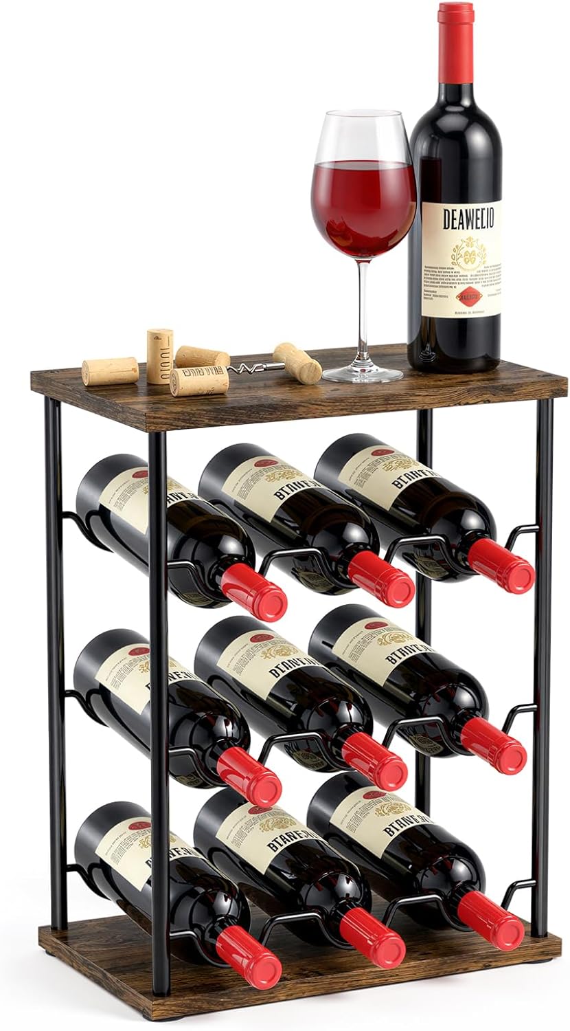 Nuovoware Wine Racks Countertop, Wine 9 Bottles Holder, Metal Wine Storage Organizer for Kitchen, Bar, Table, Cabinet, Wine Cellar, Vintage Brown