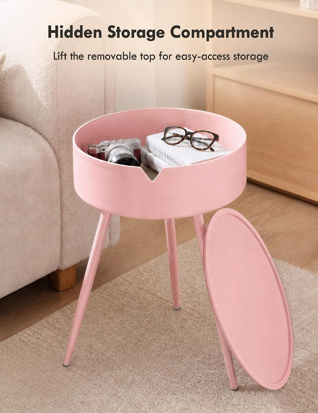 TOPWAVE Small Round Side Table – Lift-Top Storage PVC Table, Metal Legs, Perfect for Living Room & Small Spaces, Multiple Colors
