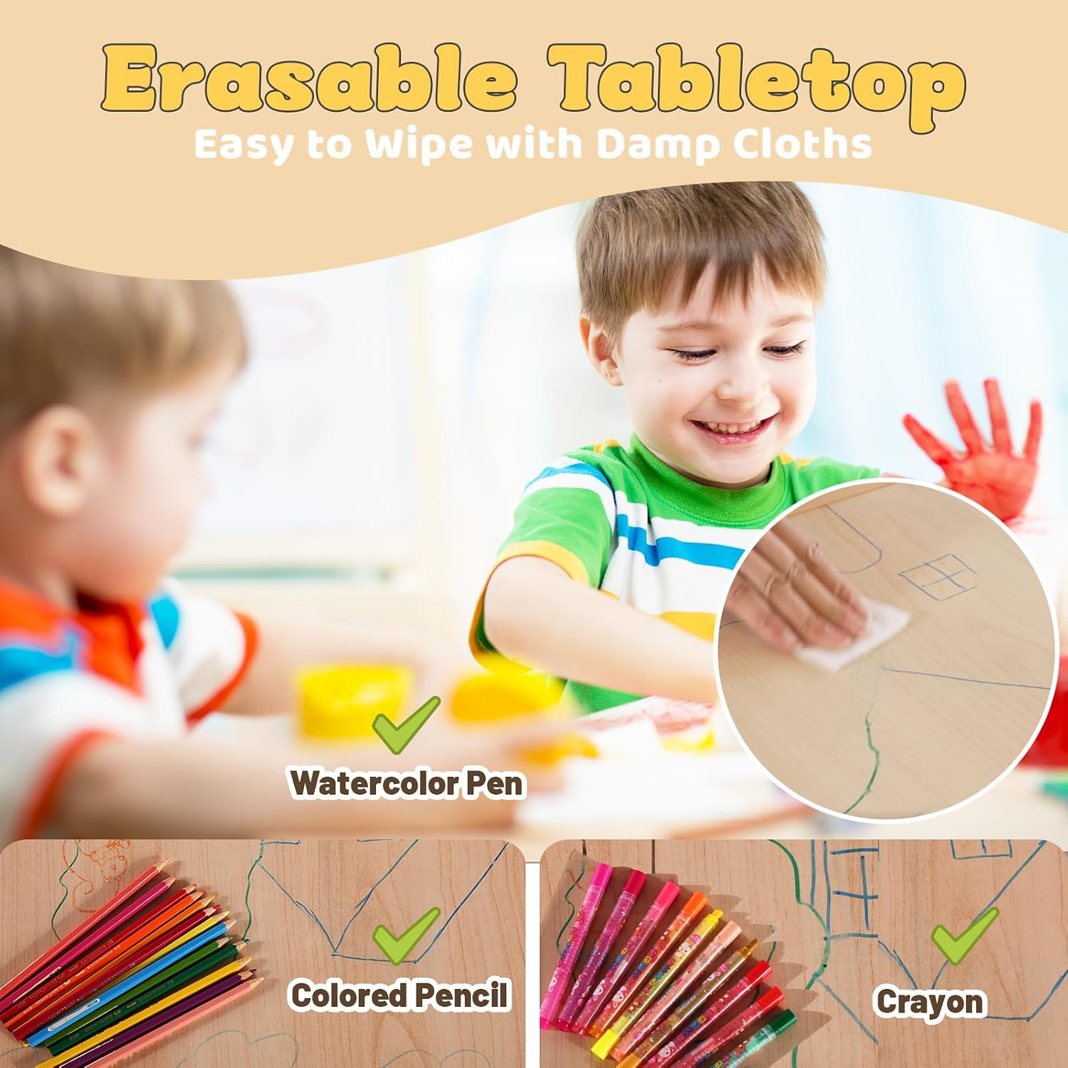 FUNLIO Kids Table and 4 Chairs Set for Ages 3-8, Height Adjustable Toddler Table and Chair Set, Easy to Wipe Arts & Crafts Table, for Classrooms/Daycares/Homes, CPC & CE Approved(5 pcs Set)-Multicolor