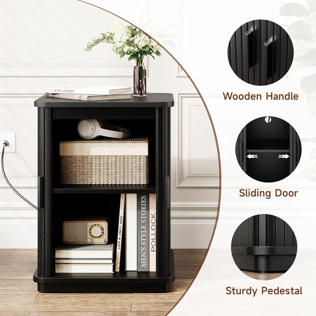 ONBRILL Square End Table with Storage & Charging Station, Fluted Accent Side Table with Sliding Door & Sturdy Pedestal, Mid-Century Modern Nightstand for Small Space, Living Room, Bedroom, Black
