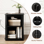 ONBRILL Square End Table with Storage & Charging Station, Fluted Accent Side Table with Sliding Door & Sturdy Pedestal, Mid-Century Modern Nightstand for Small Space, Living Room, Bedroom, Black