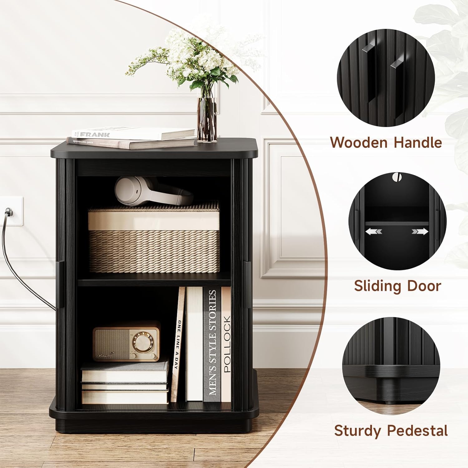 ONBRILL Square End Table with Storage & Charging Station, Fluted Accent Side Table with Sliding Door & Sturdy Pedestal, Mid-Century Modern Nightstand for Small Space, Living Room, Bedroom, Black