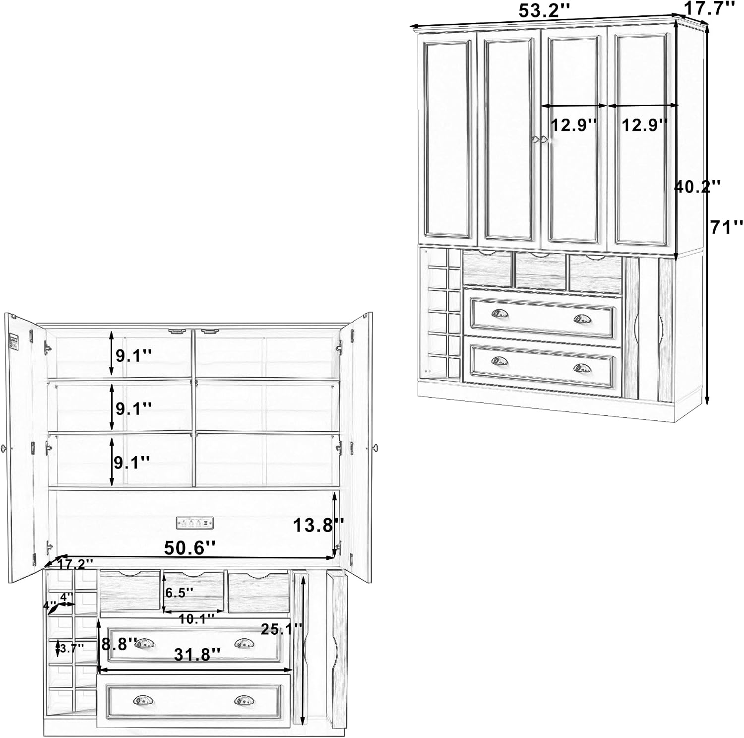 Farmhouse Kitchen Pantry Storage Cabinet with 4 Foldable Doors, Freestanding Large Cupboard with Power Outlet, Shelves, Wine Racks and Serving Trays for Dining Room, Kitchen (Blue)