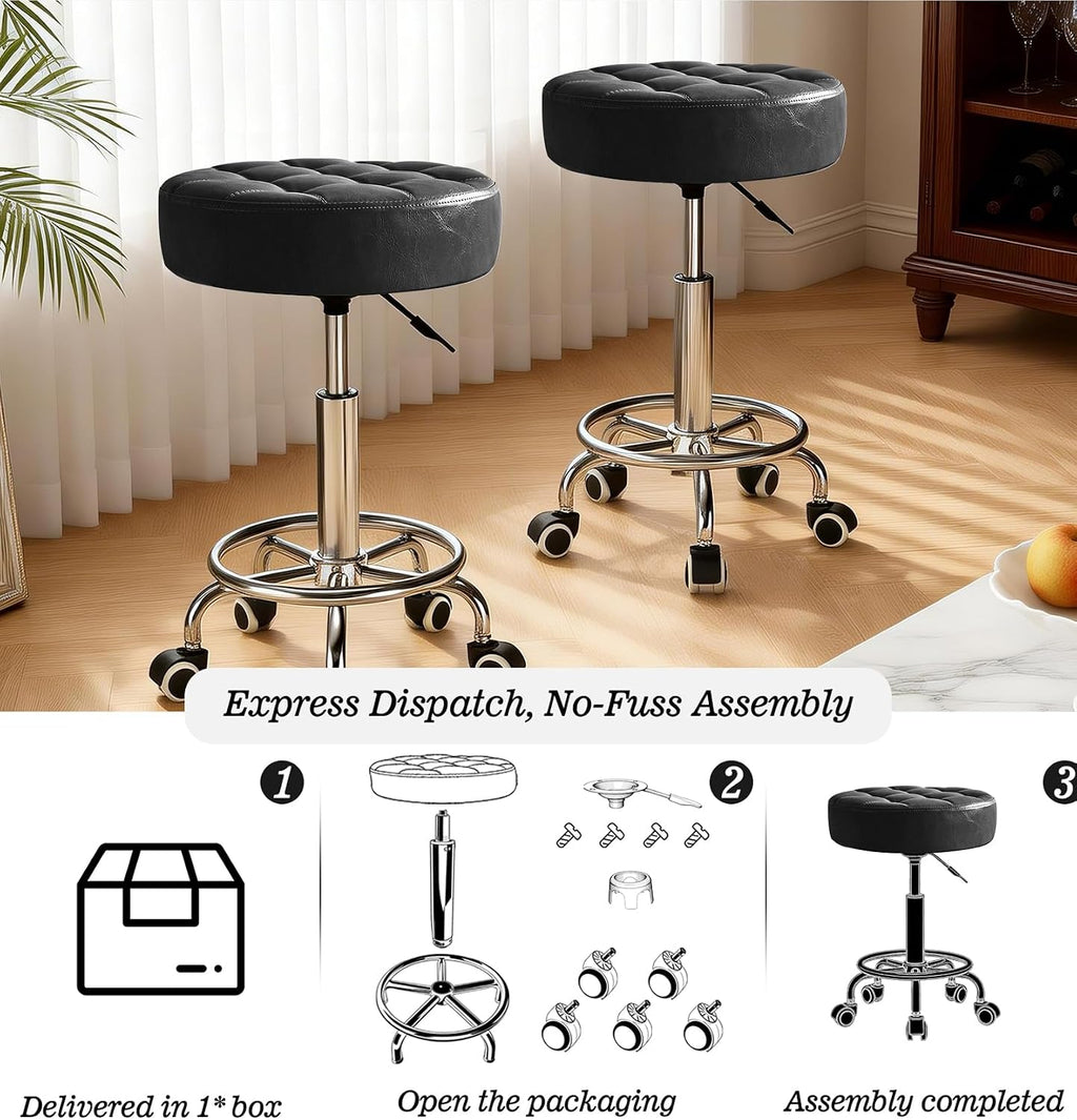 500lb Rolling Stool with Thickened Ultra Soft Padded Seat, 5-mins Easy Assembly Drafting Stool with Round Footrest, PU Leather Adjustable Swivel Stool with Wheels for Home, Office, Spa (Black)
