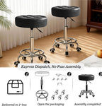 500lb Rolling Stool with Thickened Ultra Soft Padded Seat, 5-mins Easy Assembly Drafting Stool with Round Footrest, PU Leather Adjustable Swivel Stool with Wheels for Home, Office, Spa (Black)