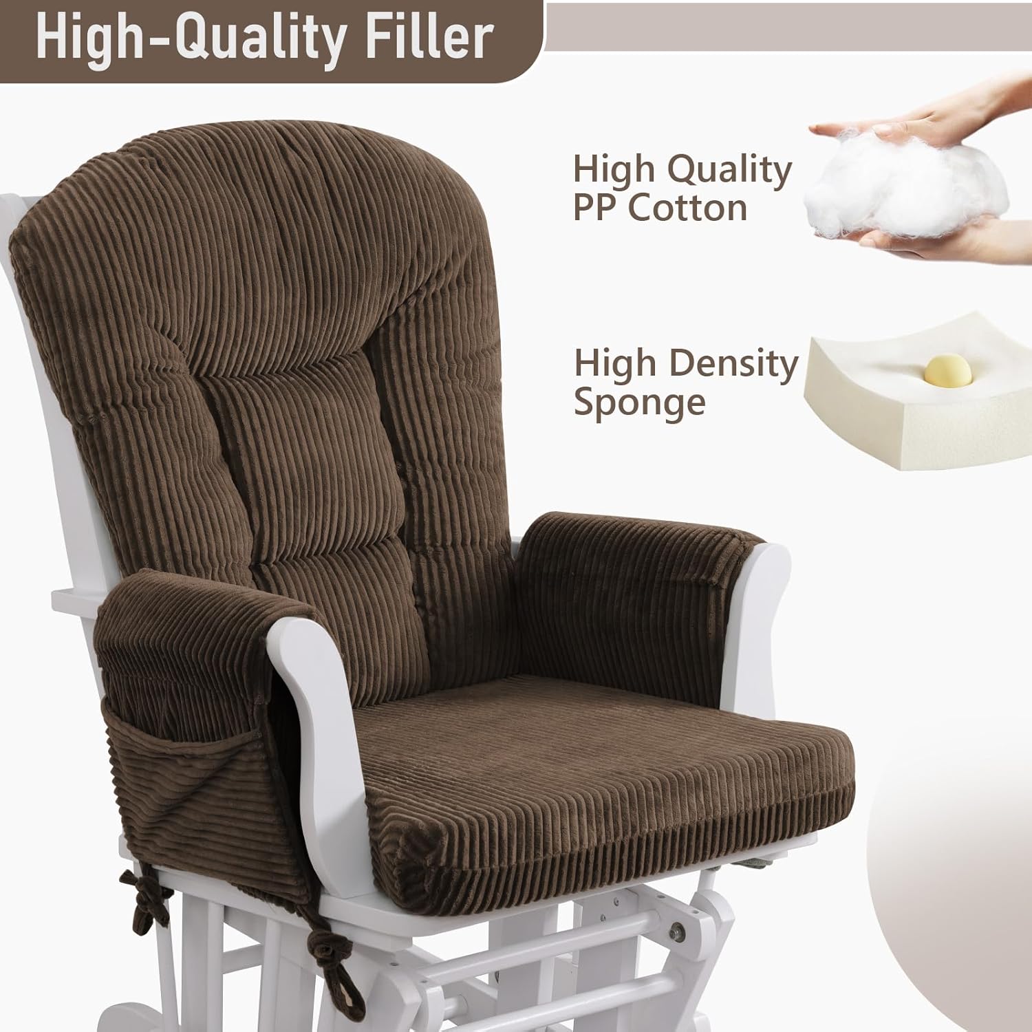 Boshen 5PCS Glider Rocker Replacement Cushions with Storage Side Pockets, Thickened 3.5IN Seat & Supportive Striped Plush Rocking Chair Cushion Set with Ottoman Cover for Indoor Nursery, Brown
