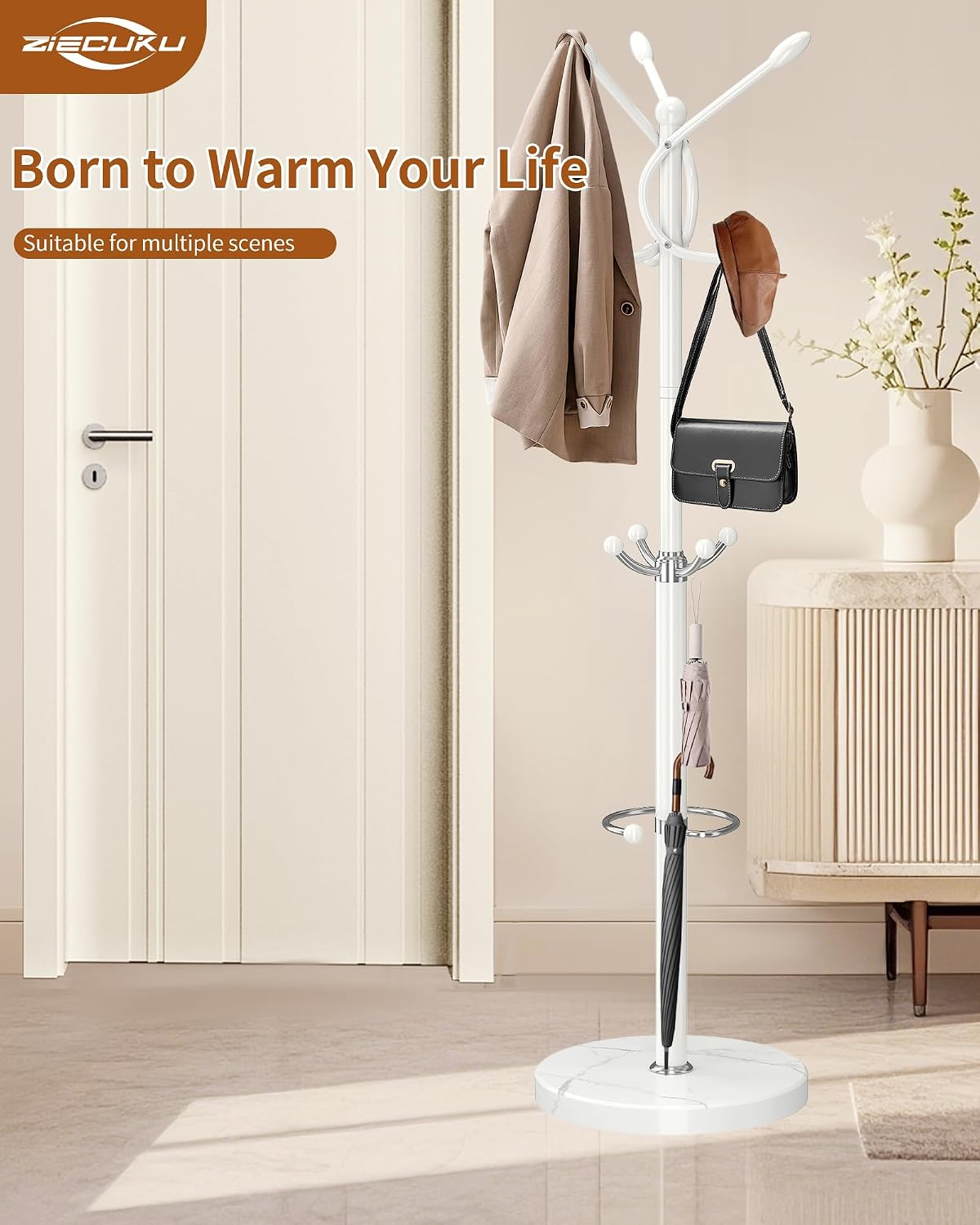 Metal Coat Rack with Natural Marble Base, Coat Rack Stand with 12 Hooks & Umbrella Holder, White Modern Freestanging Coat Racks, Coat Jacket Hanger Tree Stand for Corner Entryway Office