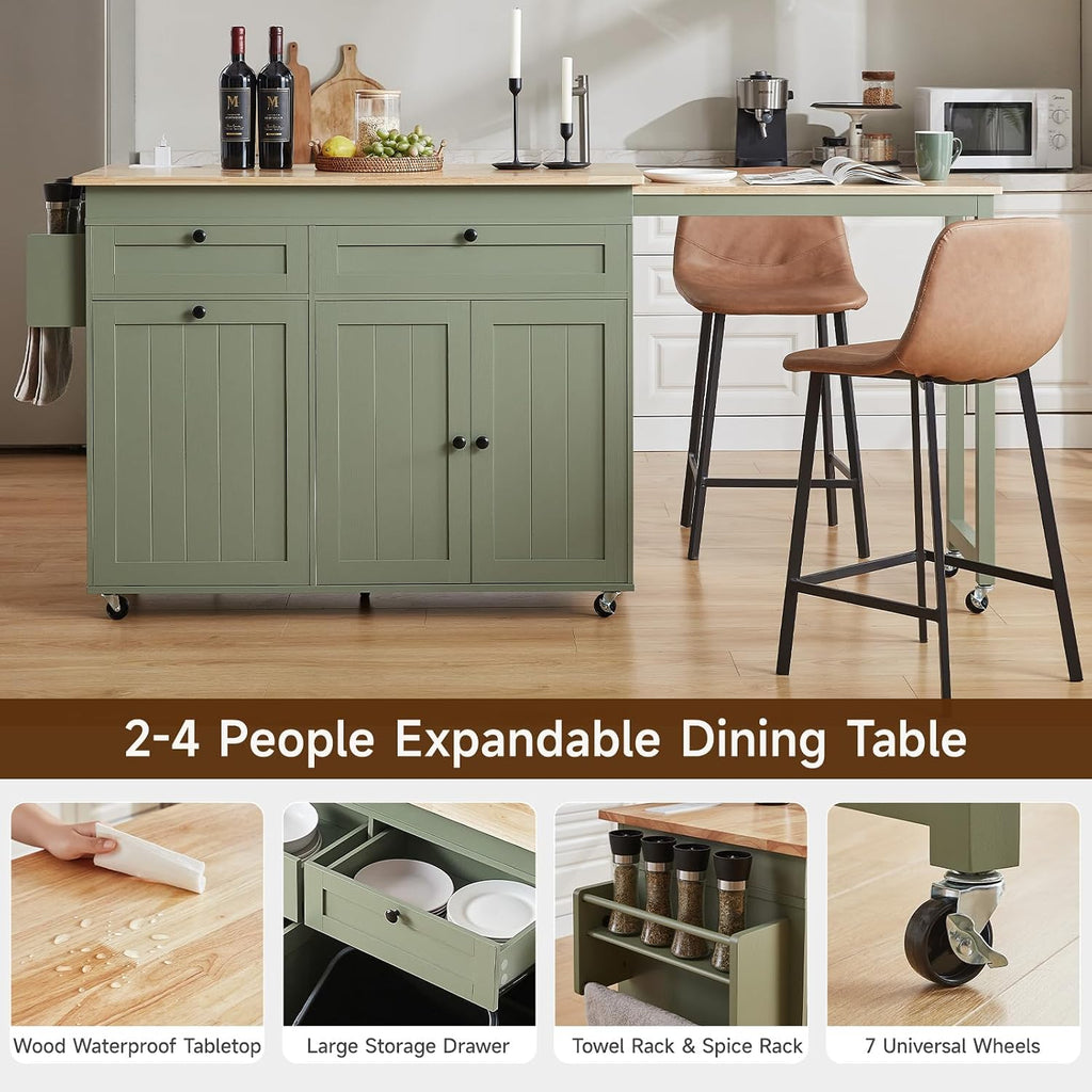 Kitchen Islands with Extendable Dining Table, Mobile Storage Islands, Green | 81.7" Rolling Kitchen Cart with Trash Cabinet, Power Outlet, Spice Rack & Towel Rack