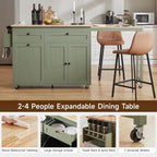 Kitchen Islands with Extendable Dining Table, Mobile Storage Islands, Green | 81.7" Rolling Kitchen Cart with Trash Cabinet, Power Outlet, Spice Rack & Towel Rack