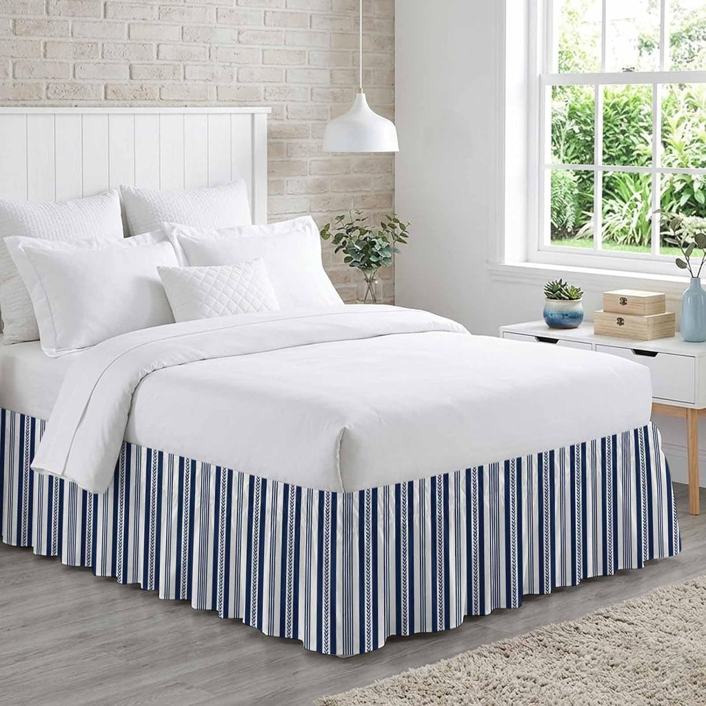 Navy Blue Striped Bed Skirt Cal King Size 16 Inch Drop, Adjustable Elastic Bedskirt Dust Ruffle for Cal King Bed, Summer Botanical Farmhouse Stripes Wrap Around Bed Skirts Pleated Bed Frame Cover