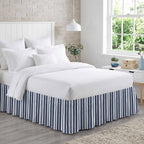 Navy Blue Striped Bed Skirt Cal King Size 16 Inch Drop, Adjustable Elastic Bedskirt Dust Ruffle for Cal King Bed, Summer Botanical Farmhouse Stripes Wrap Around Bed Skirts Pleated Bed Frame Cover