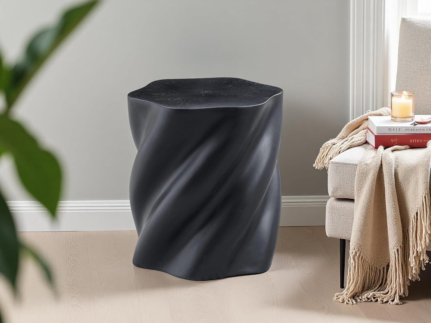 Modern Sculptural Fiberglass End Table, Organic Twisted Accent Stand, Contemporary Side Desk for Living Room Bedroom Entryway Balcony Patio, Fully Assembled Artistic Pedestal Furniture (Black)