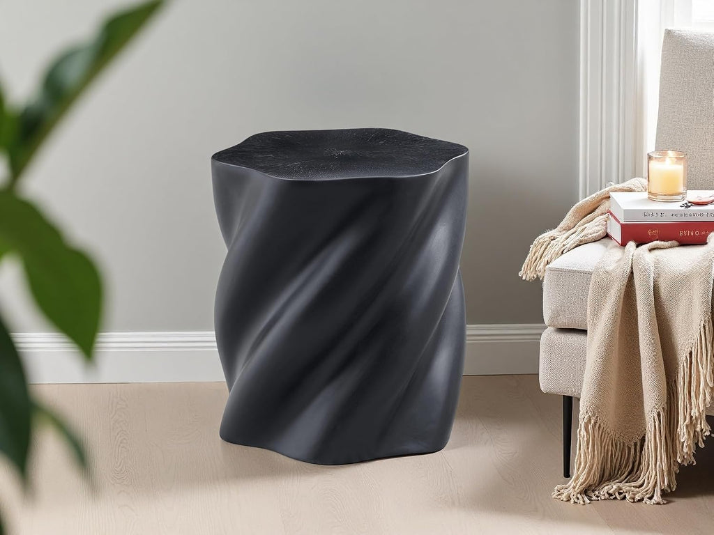 19.69" Modern Sculpture-Style Black Fiberglass End Table,Sofa Couch Side Table.Distorted Organic Design,Fully Assembled,Indoor/Outdoor Versatile.Artistic Accent for Living Rooms, Bedrooms & Patios