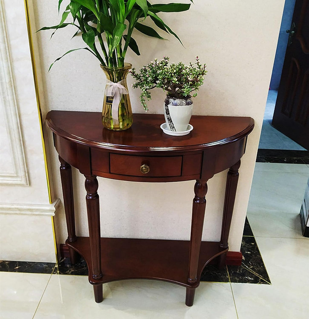 Half Moon Table, Table Solid Wood with Drawer Half-Moon Porch Side Elegant Vintage, Semi-Circle Entryway Storage Shelf, for Hallway Entrance Decor(Walnut-Colored, 23.6" L x 11.8" W x 31.5" H)