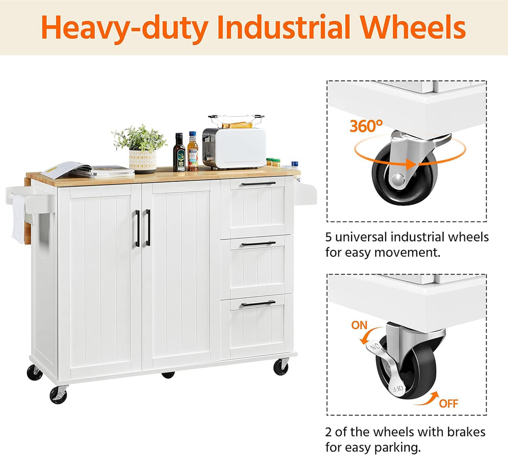 Yaheetech Kitchen Island with Drop-Leaf Breakfast Bar, 53" Width Kitchen Cart on 5 Universal Wheels with Rubberwood Top, Storage Cabinet, 3 Drawers, and Spice Rack for Dining Room, White