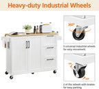 Yaheetech Kitchen Island with Drop-Leaf Breakfast Bar, 53" Width Kitchen Cart on 5 Universal Wheels with Rubberwood Top, Storage Cabinet, 3 Drawers, and Spice Rack for Dining Room, White