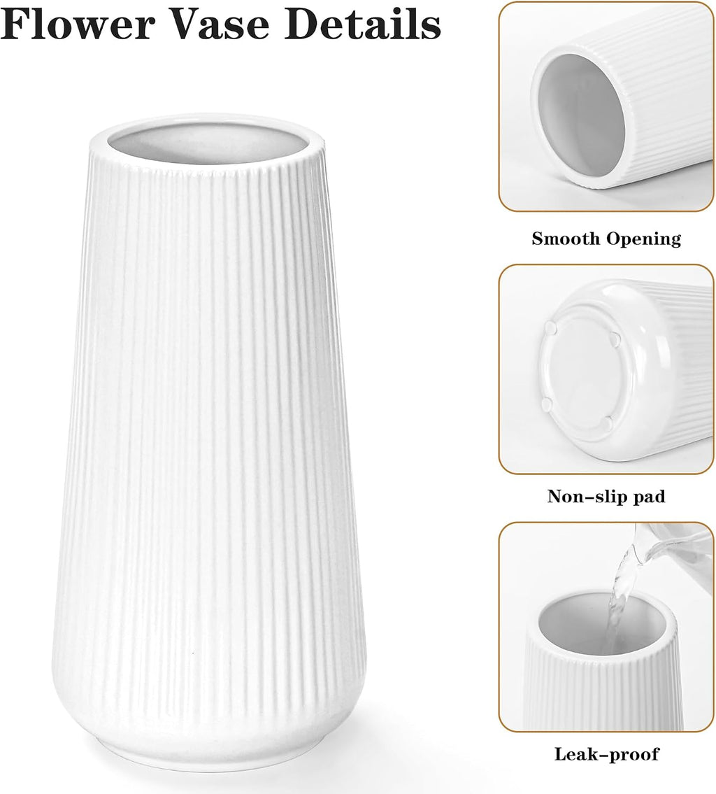 White Ceramic Vase, GUKJOB Small Cute Flower Vase for Pampas Grass, Home, Living Room, Dining Table, Farmhouse, Office Decor, Bedroom, Table, and Kitchen Shelf (White- 2PCS)