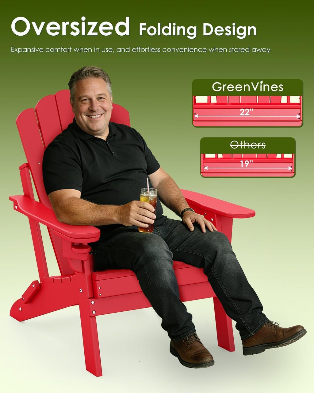 GREENVINES Oversized-Folding-Adirondack-Chairs-Set-of-2 | HDPE Plastic | Cup Holder | Fire Pit Chair | All Weather | for Outdoor Deck Backyard | Red