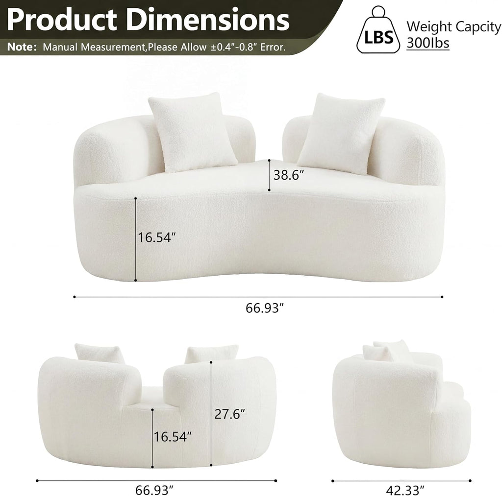 67”Curved Loveseat Sofa for Living Room, Deep Seat Love Seat Couch with 2 Throw Pillows, Modern Loveseat Adopt Teddy Fabric, Suitable Small Spaces The Cloud Loveseat, No Assembly Needed, White