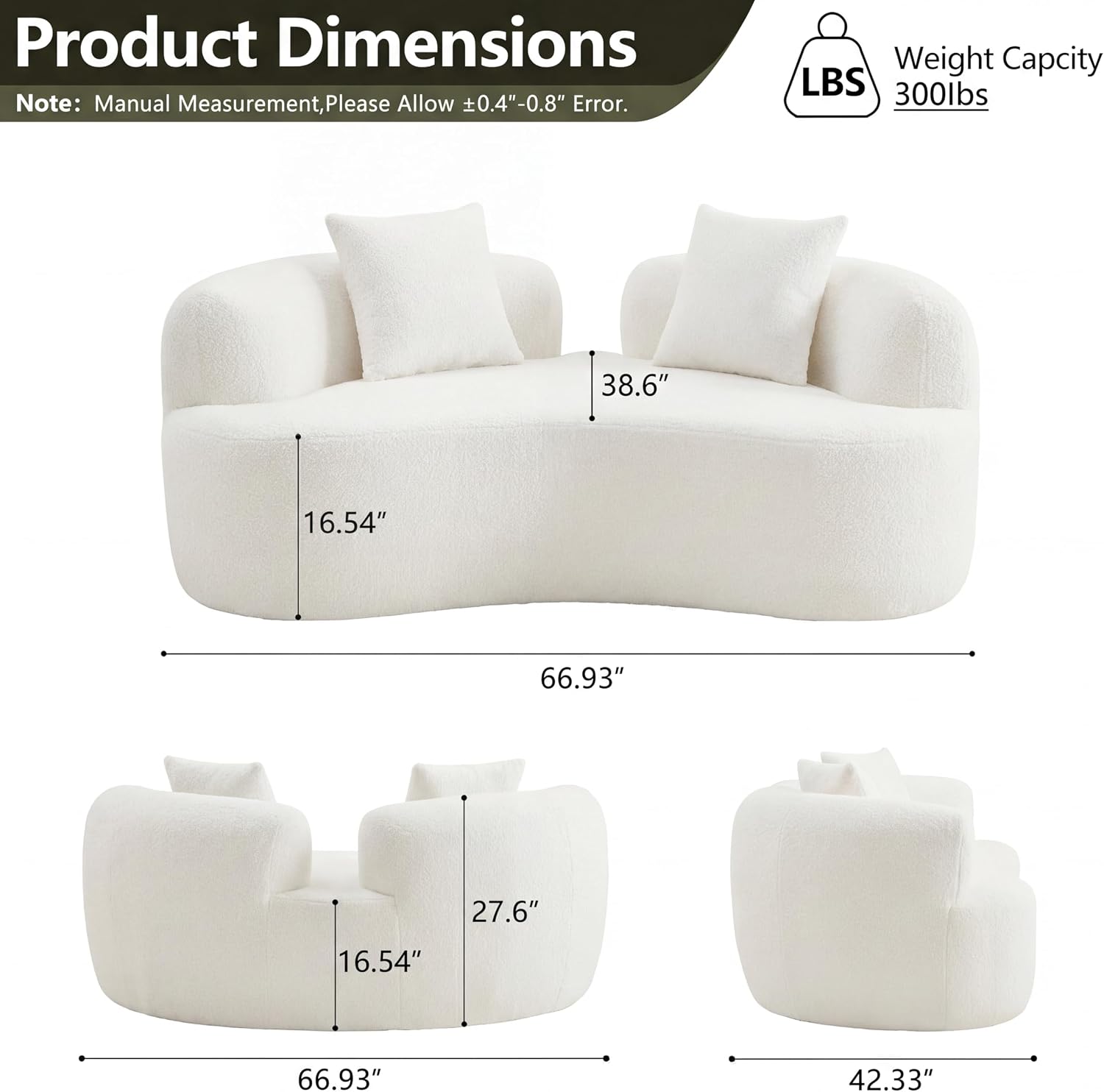 67”Curved Loveseat Sofa for Living Room, Deep Seat Love Seat Couch with 2 Throw Pillows, Modern Loveseat Adopt Teddy Fabric, Suitable Small Spaces The Cloud Loveseat, No Assembly Needed, White