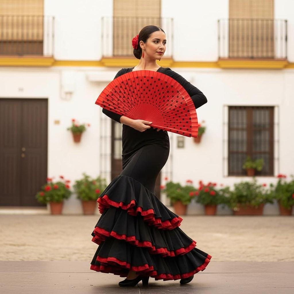 Hand Fans Foldable, Spanish Fan with Smooth Opening, Hand-Painted Dance Fans with Red Polka Dot Design on Cotton, Wooden Handle Foldable Fan for Flamenco Performances, Spanish