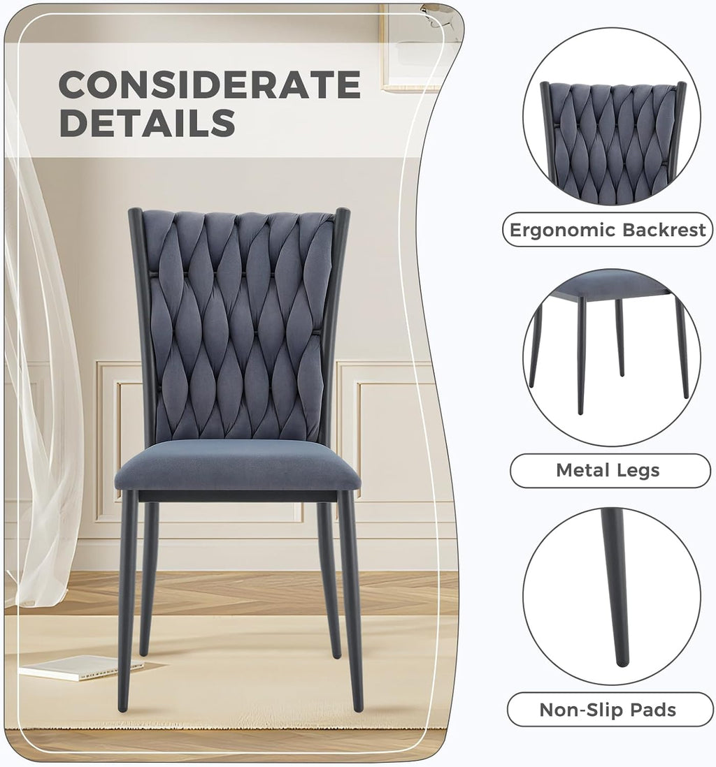 51'' Glass Dining Table Set for 4, Modern Rectangular Dining Room Table with Black Metal Legs & 4 Upholstered Velvet Dining Chairs, Space-Saving Kitchen Table Set for Small Spaces(Dark Grey)