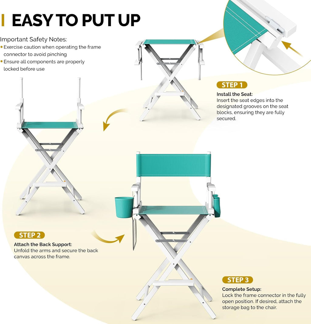 OmySalon Director's Chair 31" Height Folding Portable w/Storage Pouch & Footrest, Makeup Artist Chair for Salon, Events, Mobile, 250lb Capacity, White Wood Frame & Turquoise Canvas Seat