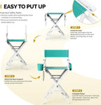 OmySalon Director's Chair 31" Height Folding Portable w/Storage Pouch & Footrest, Makeup Artist Chair for Salon, Events, Mobile, 250lb Capacity, White Wood Frame & Turquoise Canvas Seat