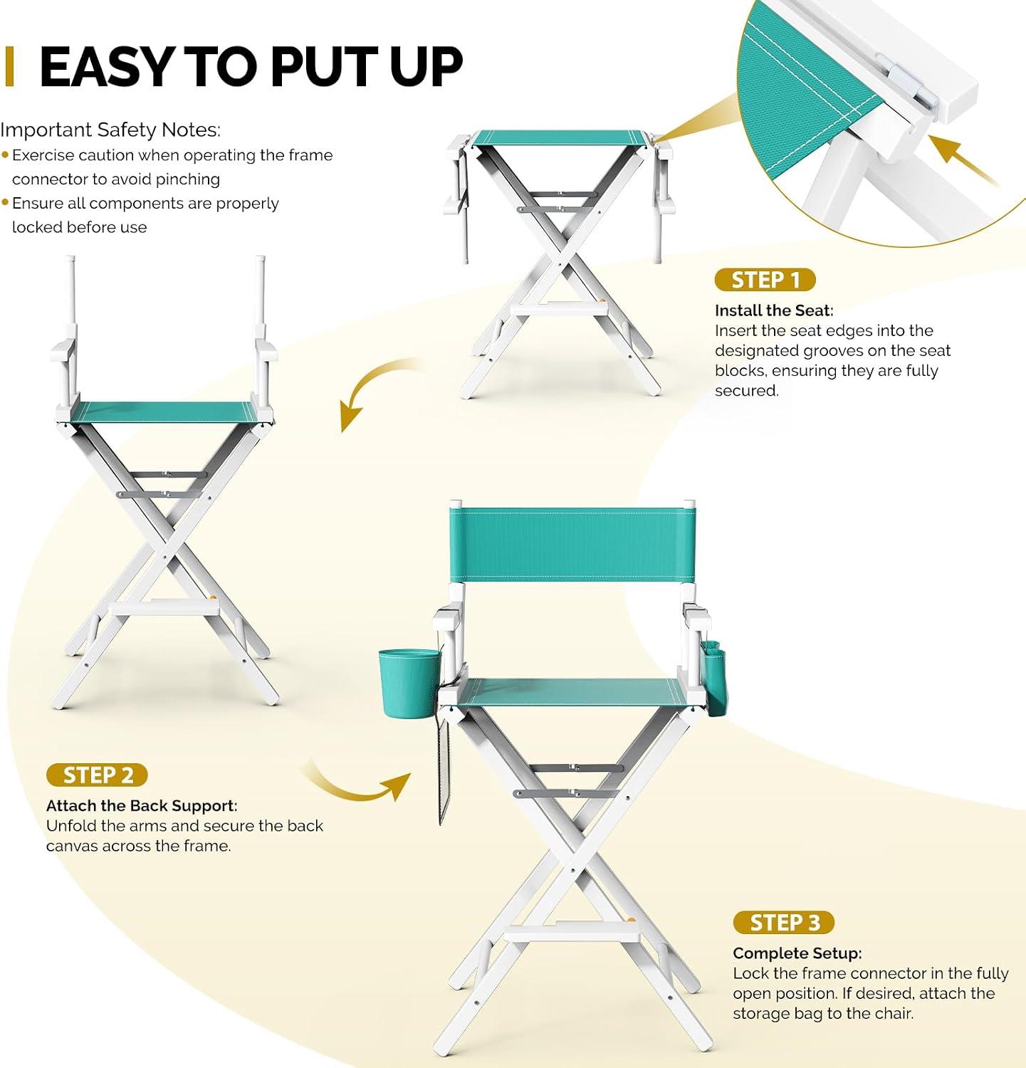 OmySalon Director's Chair 31" Height Folding Portable w/Storage Pouch & Footrest, Makeup Artist Chair for Salon, Events, Mobile, 250lb Capacity, White Wood Frame & Turquoise Canvas Seat