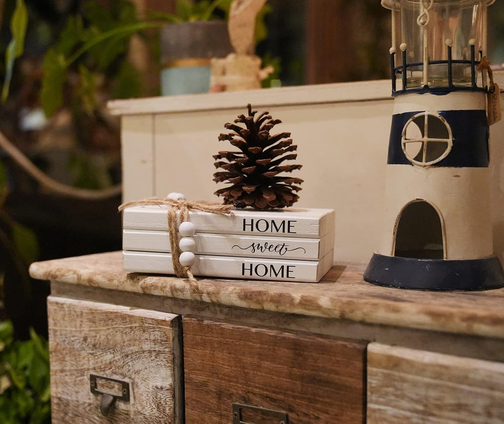 3 Pieces Wooden Decorative White Books, Rustic Farmhouse Faux Books for Coffee Table Shelves with Wood Bead Tassels and Leaves, 7'x 4.6'x 2.5' (Home, Sweet, Home)