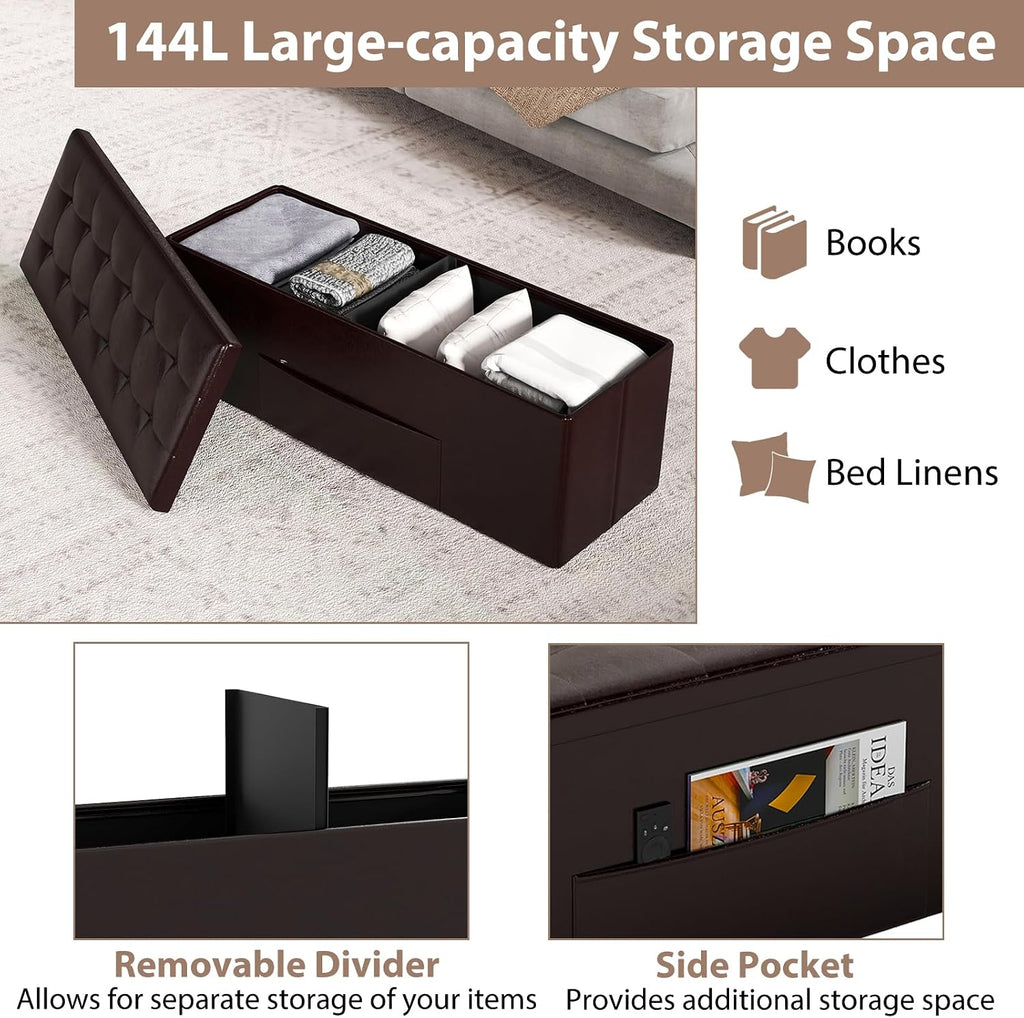 Giantex 43 Inches Folding Storage Ottoman Bench, Upholstered PU Leather Storage Chest with Side Pocket, Padded Seat, End of Bed Bench, Collapsible Ottoman Foot Rest for Living Room, Bedroom & Entryway