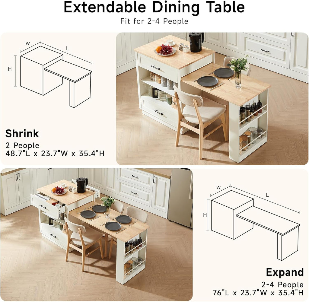ONBRILL 76" Kitchen Islands with Extendable Dining Table, 2-4 Island Table with Double-Side Storage, Mobile Storage Islands Cart with Power Outlet & Spice Rack, White