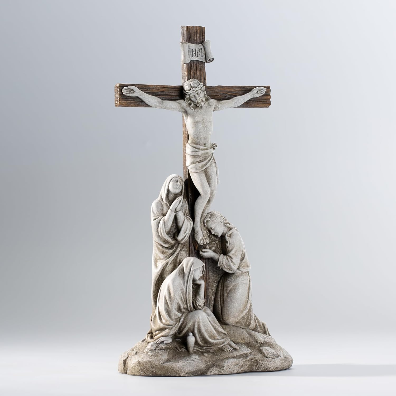 DevotedWalls Standing Crucifix Wall Cross, Catholic 12" H Crucifixion of Jesus Christ Scene Statue with Virgin Mary,Tabletop Cross for Easter(Stone Color)