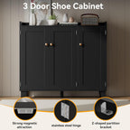 Shoe Storage Cabinet with 3 Doors and Adjustable Shelves，40 Inch Tall Farmhouse Flat-Shelf Wooden Shoe Cabinet，Shoe Rack Shoe Organizer Cabinet for Hallway Entryway Living Room （Black）