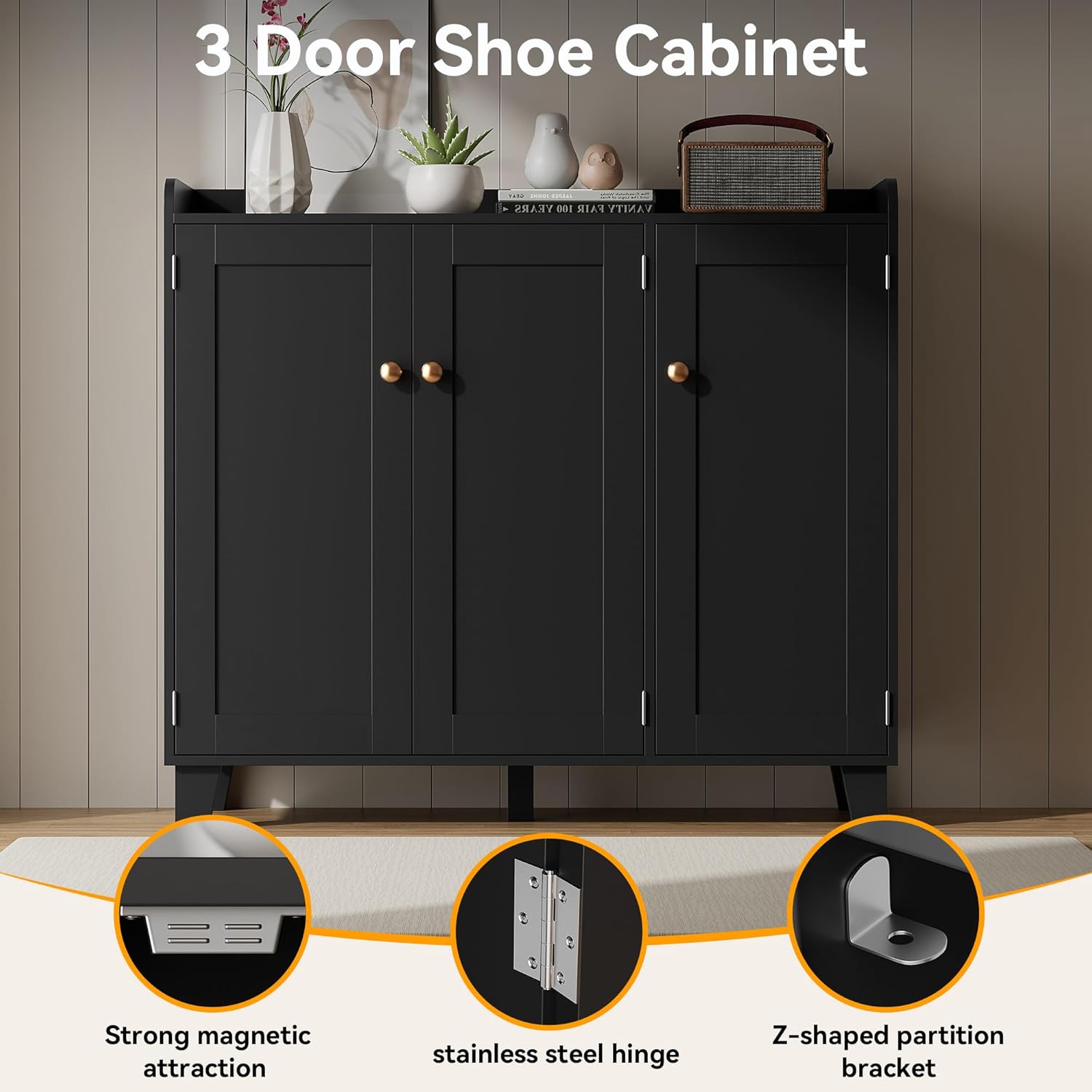 Shoe Storage Cabinet with 3 Doors and Adjustable Shelves，40 Inch Tall Farmhouse Flat-Shelf Wooden Shoe Cabinet，Shoe Rack Shoe Organizer Cabinet for Hallway Entryway Living Room （Black）
