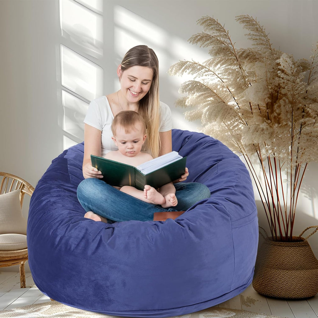 3 Feet Bean Bag Chair, Memory Foam Filled, Removable Cover, Bean Bag Chairs for Adults and Teens, Round Sofa Chair for Living Room, Bedroom and Gaming Room, Blue