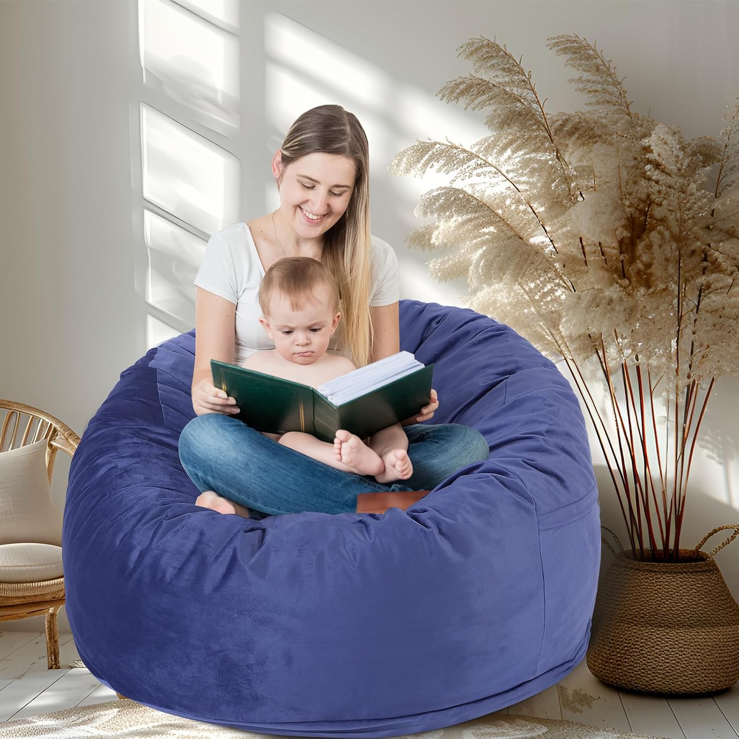 3 Feet Bean Bag Chair, Memory Foam Filled, Removable Cover, Bean Bag Chairs for Adults and Teens, Round Sofa Chair for Living Room, Bedroom and Gaming Room, Blue