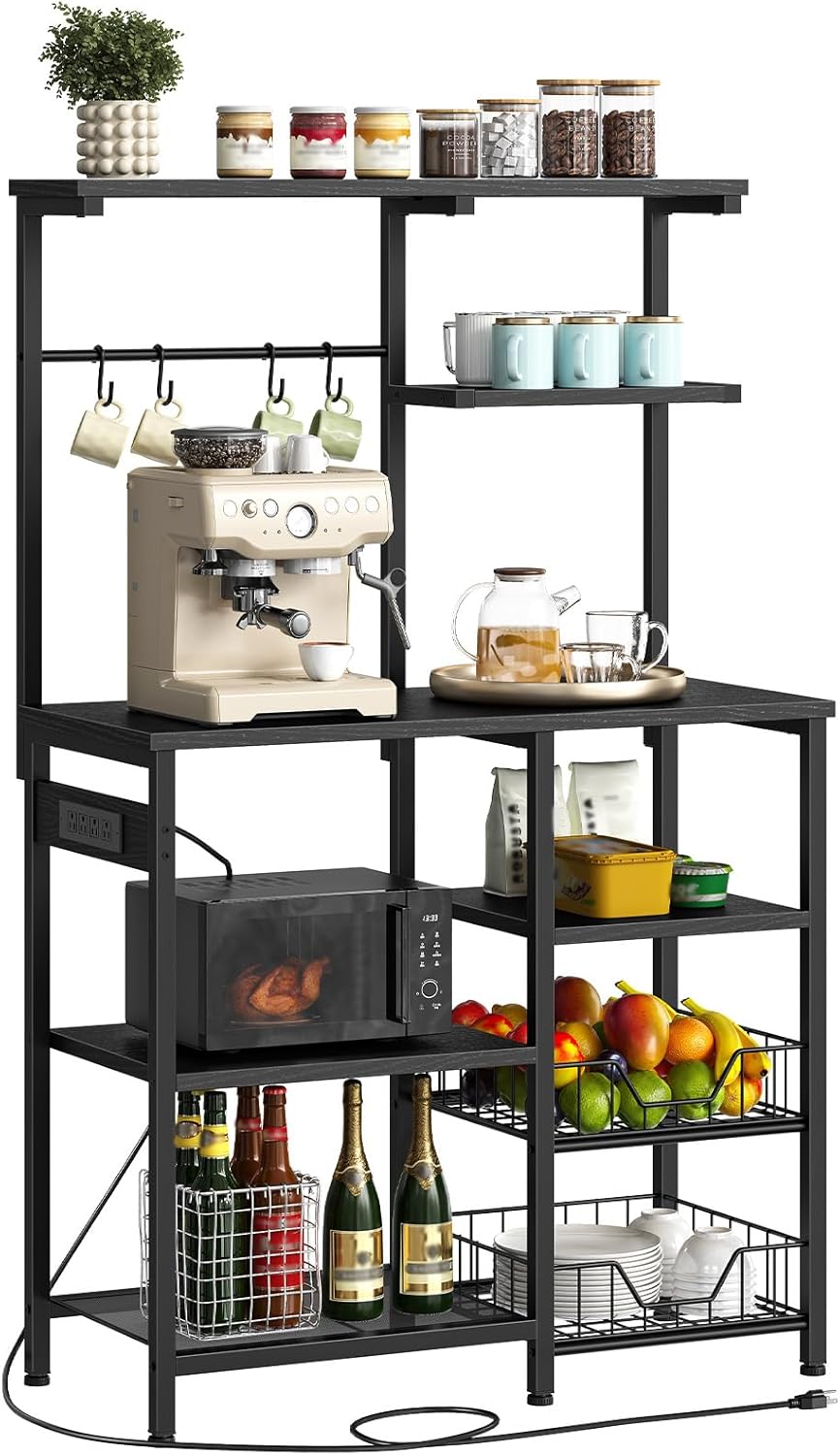 HOOBRO Large Bakers Rack with Power Outlets, 6-Tier Microwave Stand with 4 Hooks, Coffee Bar, Kitchen Shelf with Wire Basket, for Kitchen, Living Room, Office, Black BB64UHB01