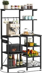 HOOBRO Large Bakers Rack with Power Outlets, 6-Tier Microwave Stand with 4 Hooks, Coffee Bar, Kitchen Shelf with Wire Basket, for Kitchen, Living Room, Office, Black BB64UHB01