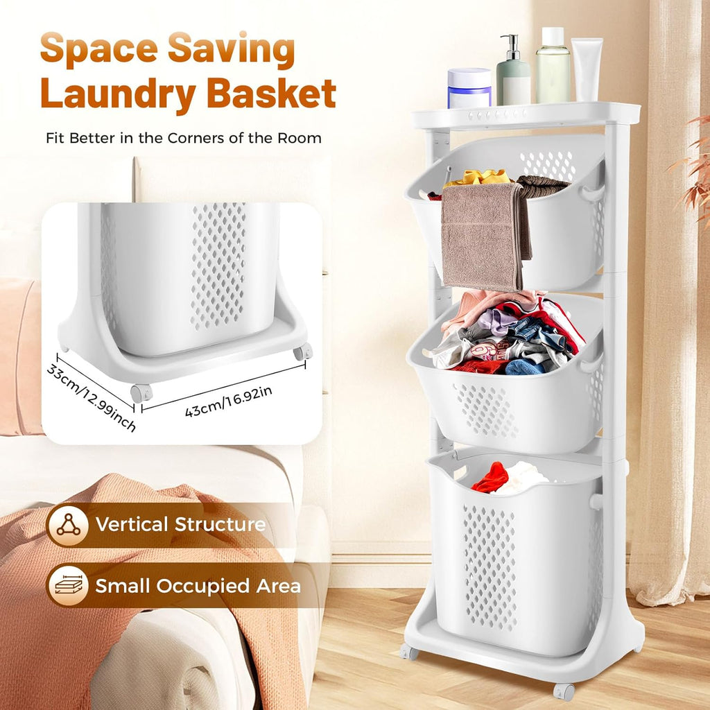 3-Tier Rolling Laundry Basket Organizer Sorter with Wheels, Vertical Removable Dirty Clothes Laundry Hamper Cart for Laundry Room Organization Dorm, Closet, Bathroom