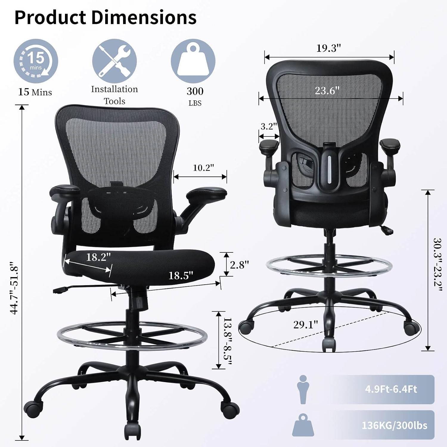 Drafting Chair, Ergonomic Tall Office Chair for Standing Desk, Counter Height Desk Chair with Adjustable Padded Armrests and Footrest Ring Standing Desk Chair Adjustable Height with Lumbar Support