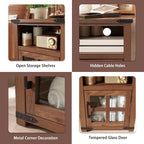 Barnyatoh Farmhouse Nightstand Set of 2 with Charging Station & Glass Door | 18" Night Stand, Rustic End Table,Wood Sofa Side Bedside Table with Open Storage Shelf for Living Room, Bedroom,Walnut