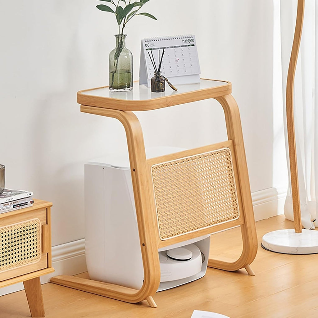 Side Table with Glass Top Over The Robot Storage Shelf C-Shaped End Table Sweeping Robot Storage Rack for Home Lightweight