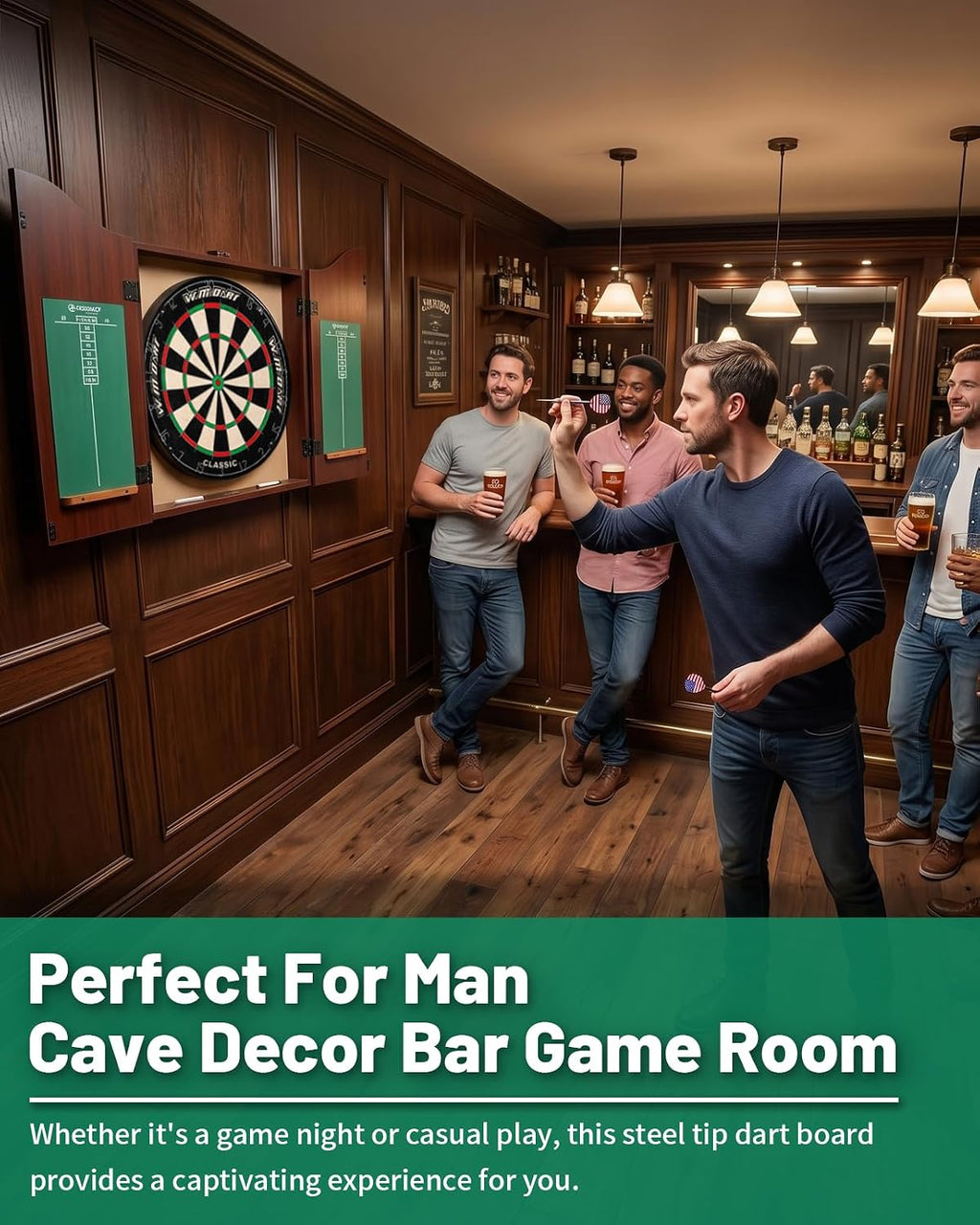 Dart Board Cabinet Set for Adults, 18-inch Dartboard with 6 Steel Tip Darts | Self‑Healing Fibers, Chalkboard Scoring, Rotating Number Ring, Regulation Size for Game Room, Man Cave and Home Bar, Brown