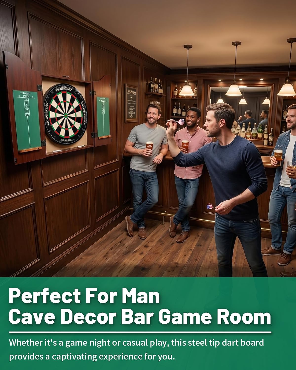 Dart Board Cabinet Set for Adults, 18-inch Dartboard with 6 Steel Tip Darts | Self‑Healing Fibers, Chalkboard Scoring, Rotating Number Ring, Regulation Size for Game Room, Man Cave and Home Bar, Brown